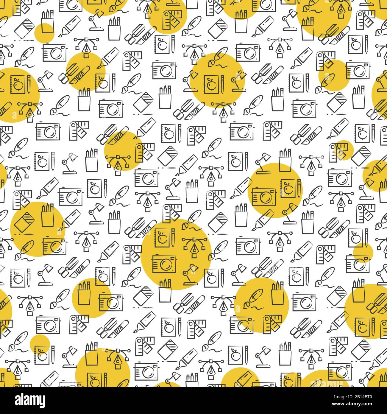 Le icone di Office presentano un motivo senza interruzioni con arrotondamenti gialli. Strumenti di sfondo. Illustrazione del vettore Illustrazione Vettoriale