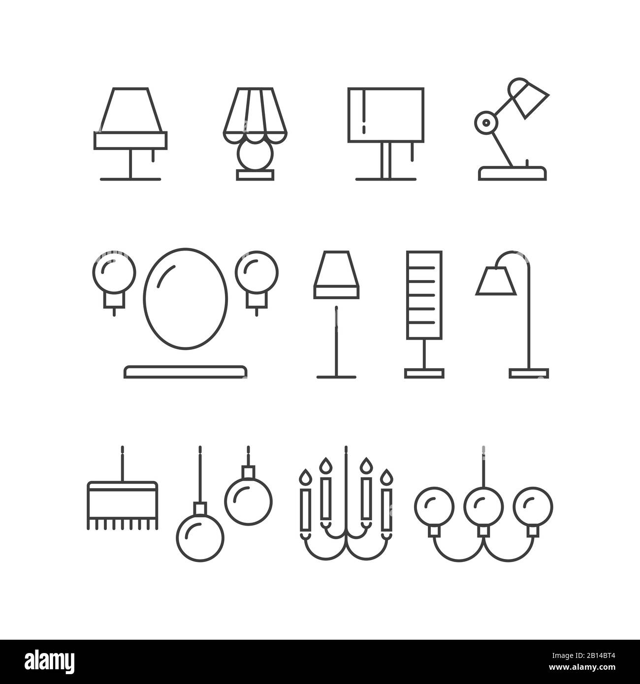 Illuminazione icone collezione - lampade, lampade da pavimento per casa, interni, illustrazione vettoriale Illustrazione Vettoriale