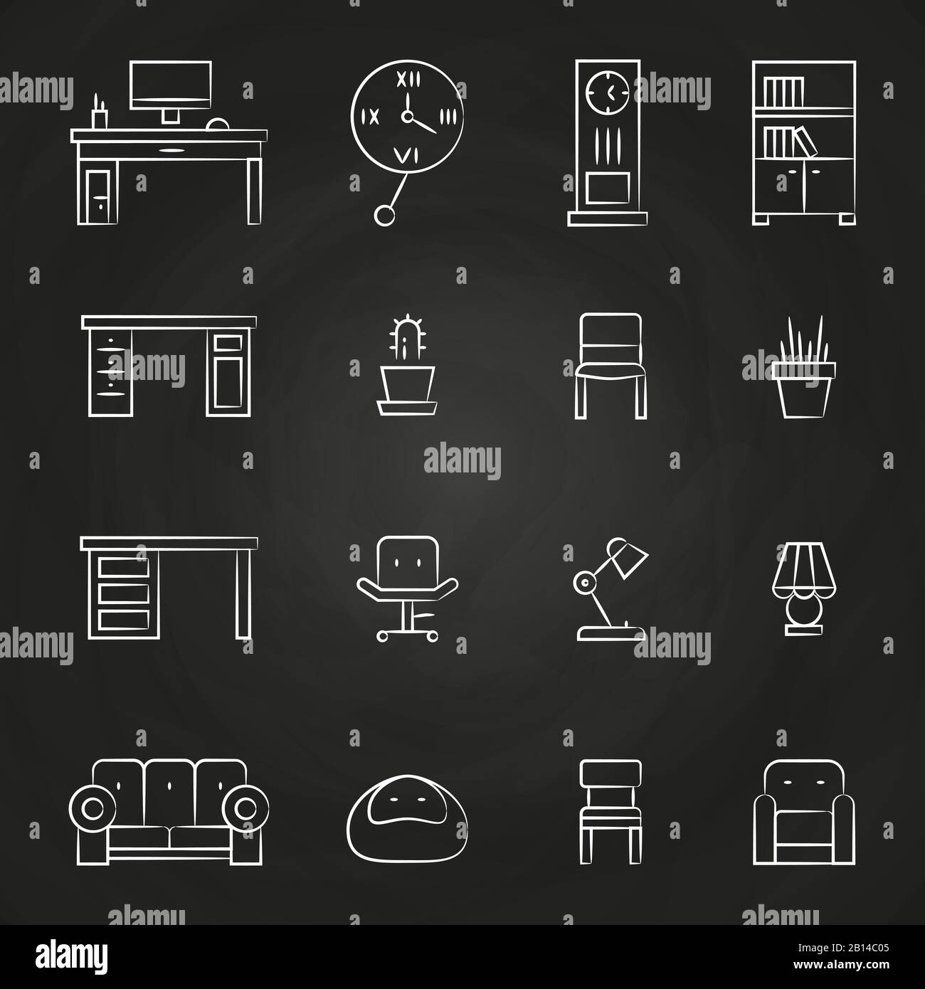 Icone di mobili e accessori della sala di lavoro sulla lavagna. Poltrona e tavolo. Illustrazione del vettore Illustrazione Vettoriale