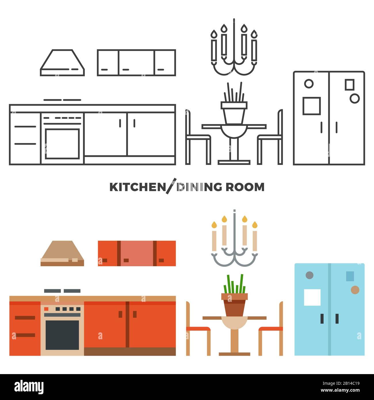 Cucina e sala da pranzo mobili e accessori collezione - icone di design casa appartamento. Illustrazione del vettore Illustrazione Vettoriale