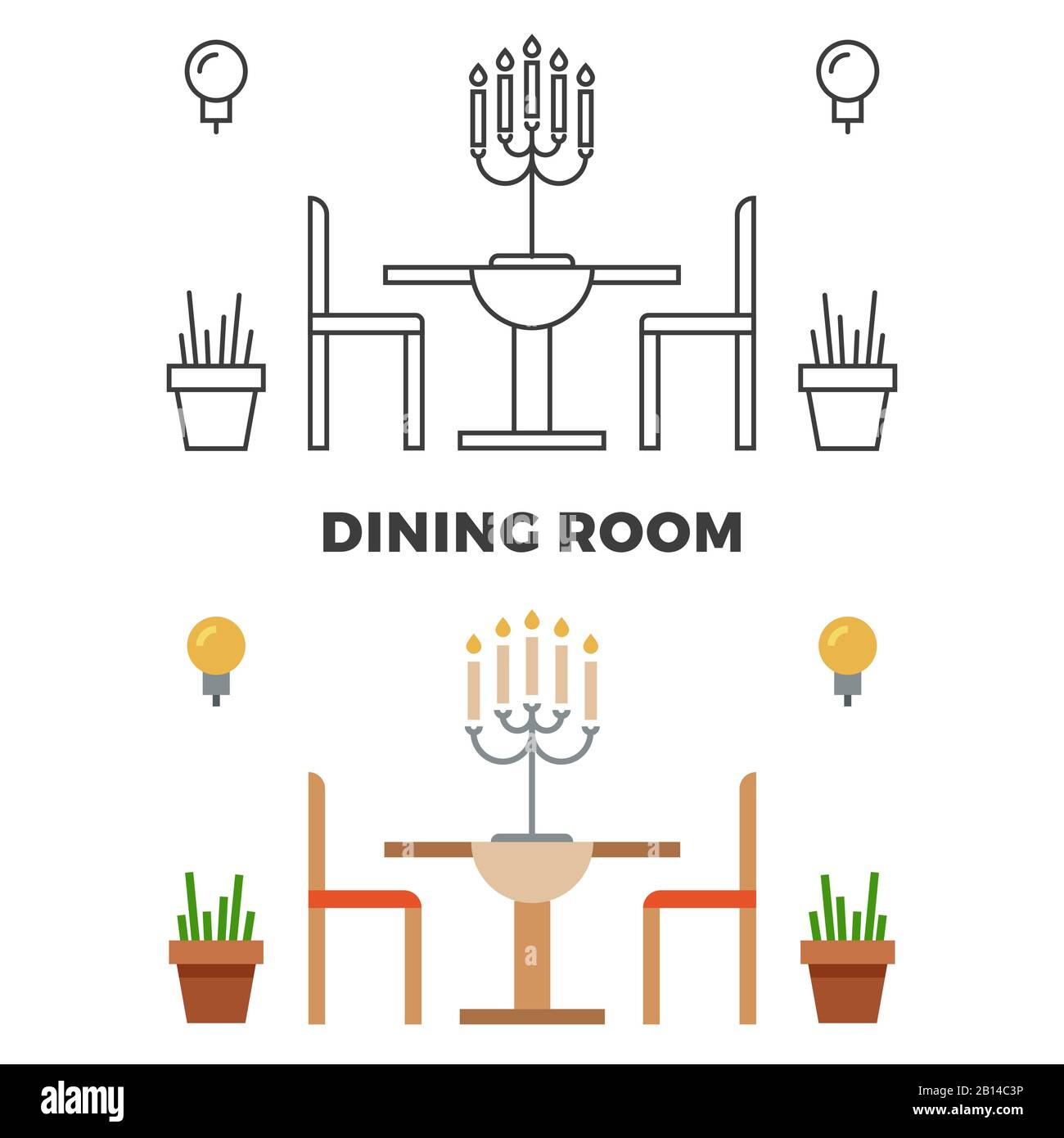 Concetto di sala da pranzo - stile piatto e sala da pranzo in stile linea. Illustrazione del vettore Illustrazione Vettoriale