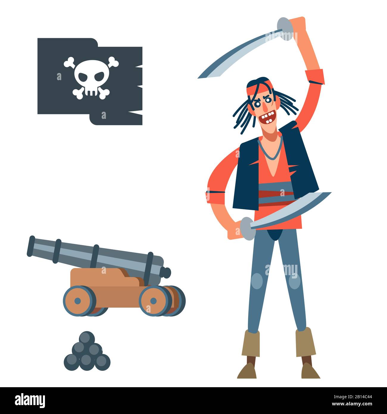 Un pirata sottile e broso in una camicia rossa in uno spirito di combattimento. Immagine vettoriale di un cartone animato piatto su sfondo bianco. Illustrazione Vettoriale
