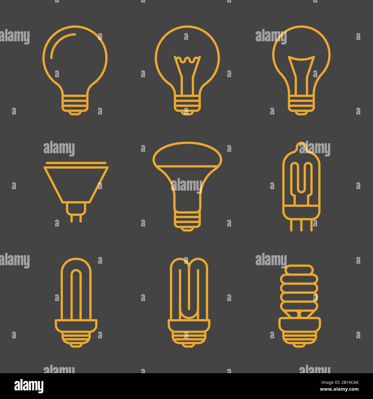 Le lampadine gialle delineano le icone. Lampada elettrica di design lineare. Illustrazione del vettore Illustrazione Vettoriale