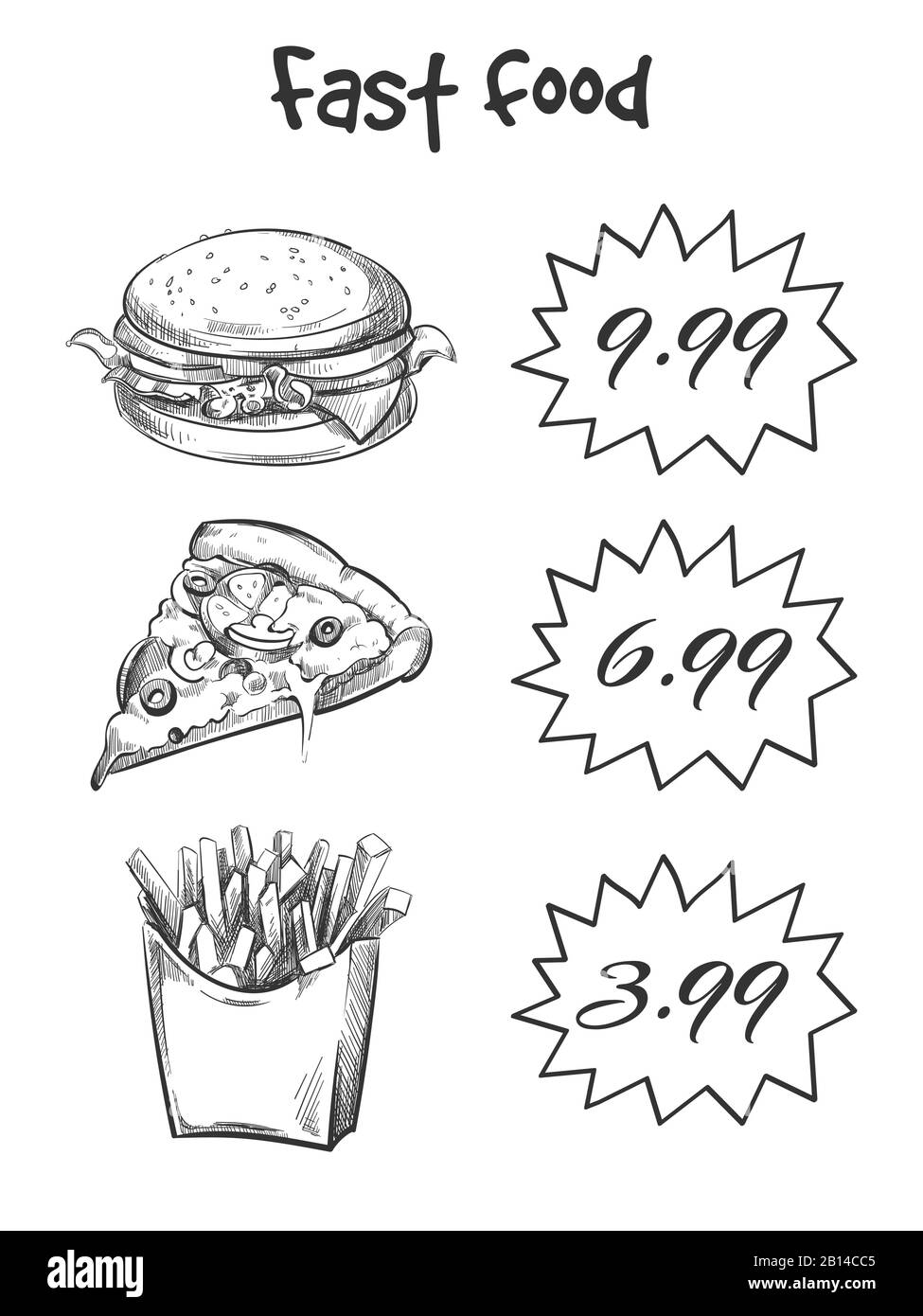 Menu di fast food disegnato a mano isolato su sfondo bianco. Vettore schizzo fast food, illustrazione di pizza calda e hamburger Illustrazione Vettoriale