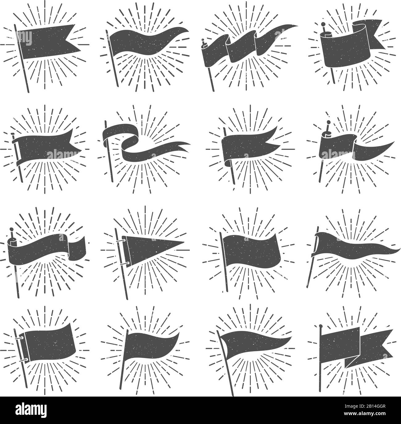 Bandiera silhouette banner. Bandiere a raffica vintage star, striscioni strappati e grunge retrò Pennant isolato vettore set Illustrazione Vettoriale