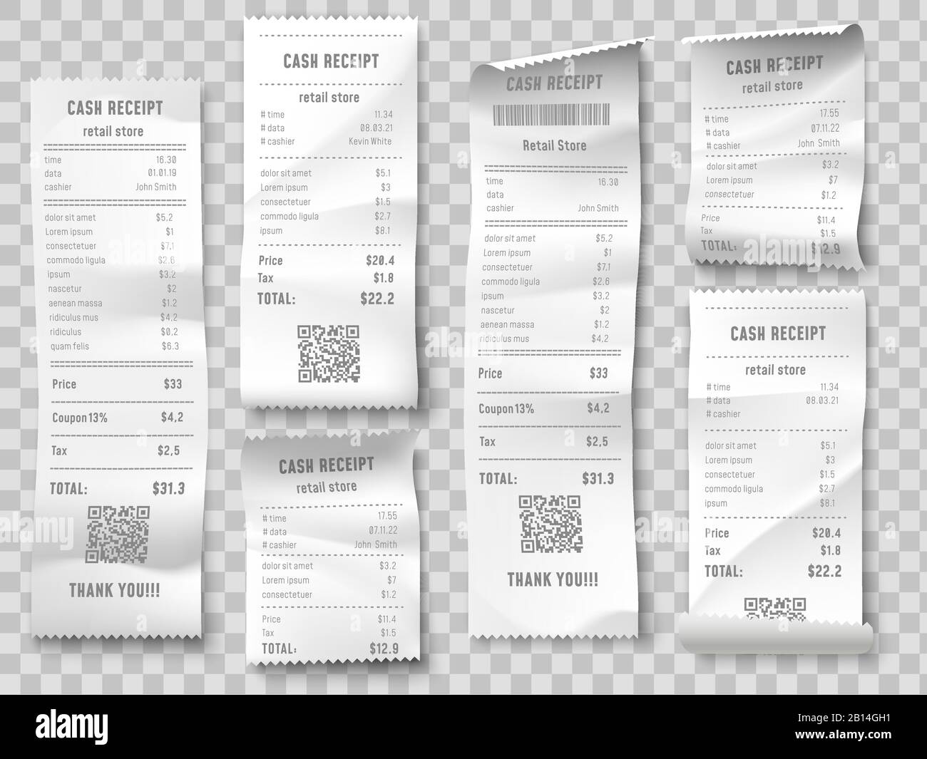 Fattura di acquisto al dettaglio. Supermercato Shopping Receipt, somma fattura di controllo e totale costo negozio vendita carta isolato vettore set Illustrazione Vettoriale