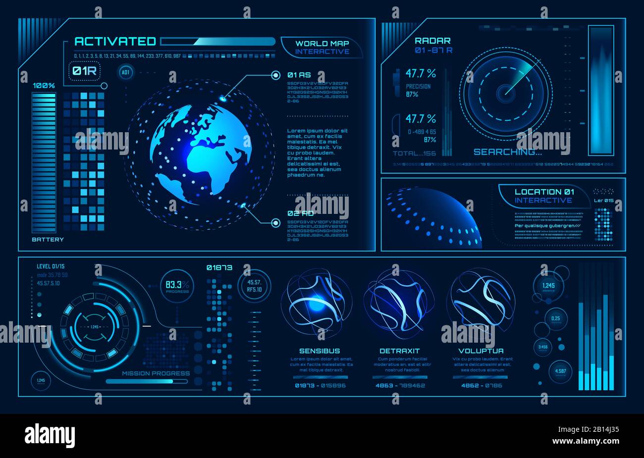 Interfaccia hud futuristica. Immagine sullo sfondo del vettore dello schermo cyber Sky fi, globo interattivo e interfaccia utente con ologramma futuro Illustrazione Vettoriale