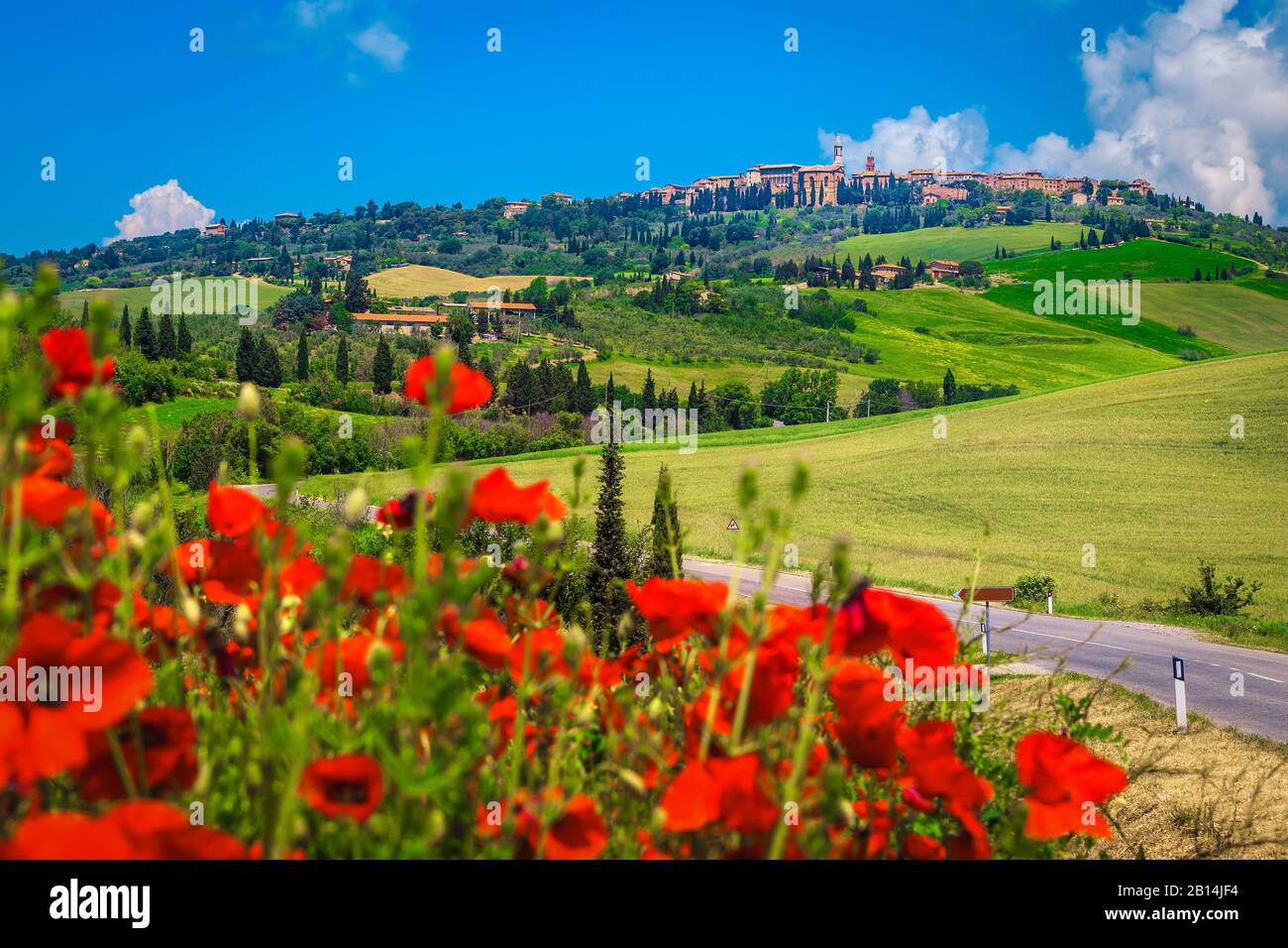 Paesaggio agricolo con campi di grano e papaveri rossi. Splendido paesaggio urbano di Pienza con paesaggio rurale, Toscana, Italia, Europa Foto Stock