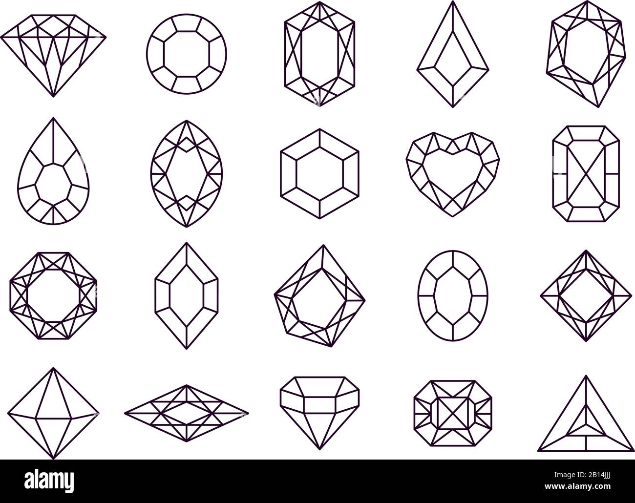 Gioielli icone diamante. Diamanti gemme, gemme gioiello di lusso e gemme preziose isolato vettore linea icona set Illustrazione Vettoriale