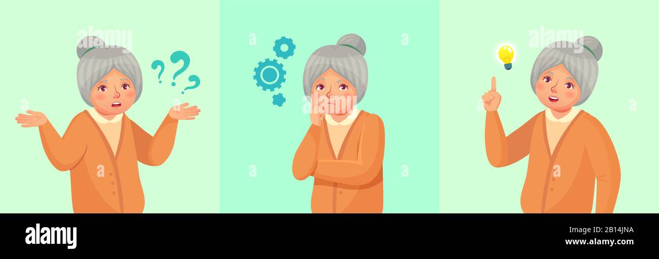 Pensiero della nonna. Confusa donna anziana, pensierosa donna anziana risolto domanda o ricordato risposta vettore cartone animato illustrazione Illustrazione Vettoriale