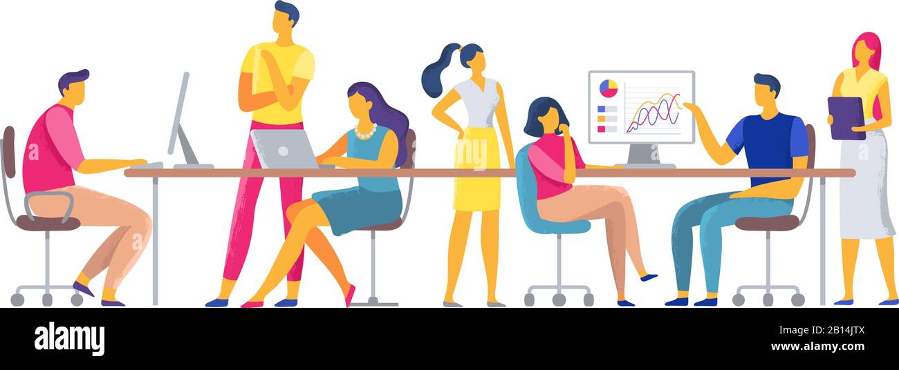 Colleghi di lavoro. Il team che lavora insieme nello spazio di lavoro, i dipendenti del team di lavoro e i colleghi di lavoro è un'illustrazione vettoriale Illustrazione Vettoriale