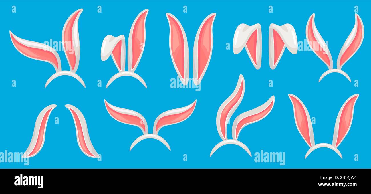 Bunny orecchie. Maschera dei coniglietti di Pasqua, cappello di coniglio divertente e banda di jackrabbit primaverile. Conigli maschere vettore isolato illustrazione set Illustrazione Vettoriale