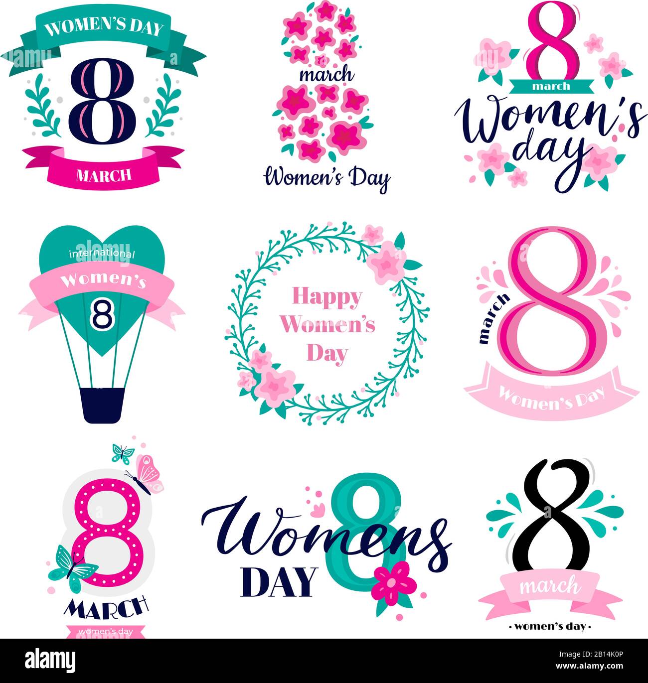 Otto distintivi di marzo. International Womens Day congratulazioni, 8 logo e felice badge donna biglietto d'auguri vettore illustrazione set Illustrazione Vettoriale