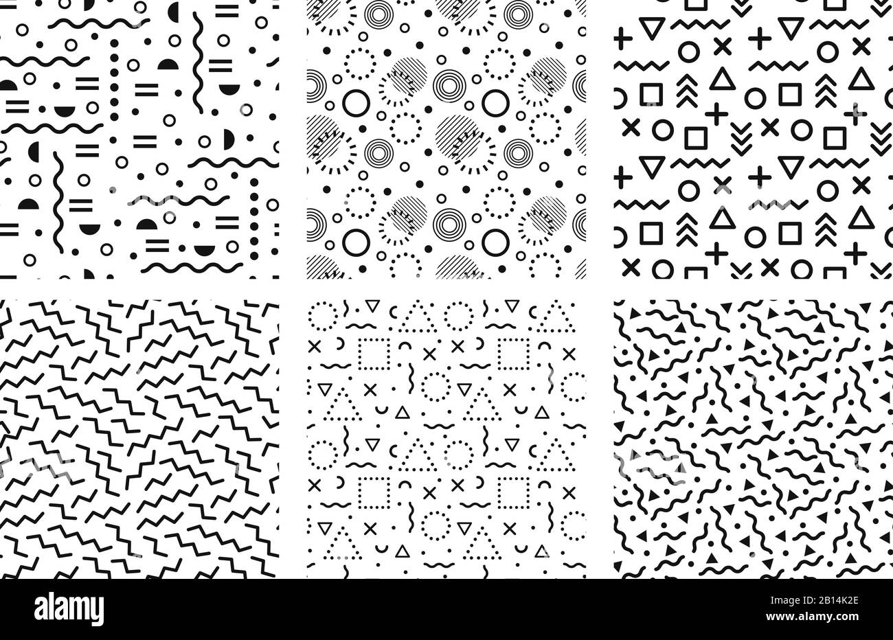 Memphis modelli senza cuciture. Funky 90s sfondo texture, moda modello 80s e astratto hippster modello vettore set Illustrazione Vettoriale