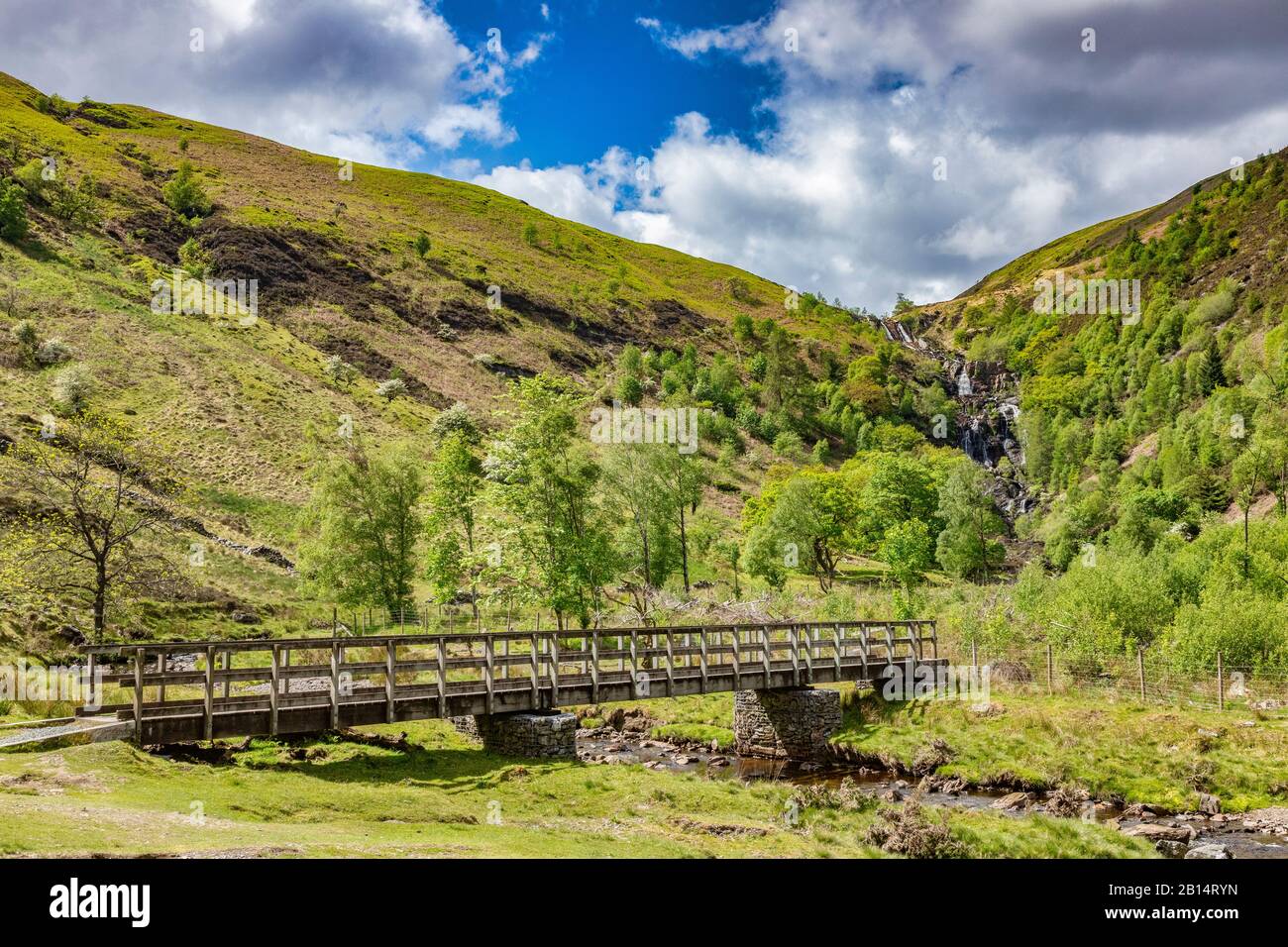 Lussureggiante valle gallese verde e ponte pedonale, cascata Rhiwargor o Pistyll Rhyd-y-meincau, sul fiume Eiddew sopra il lago Vyrnwy. Foto Stock