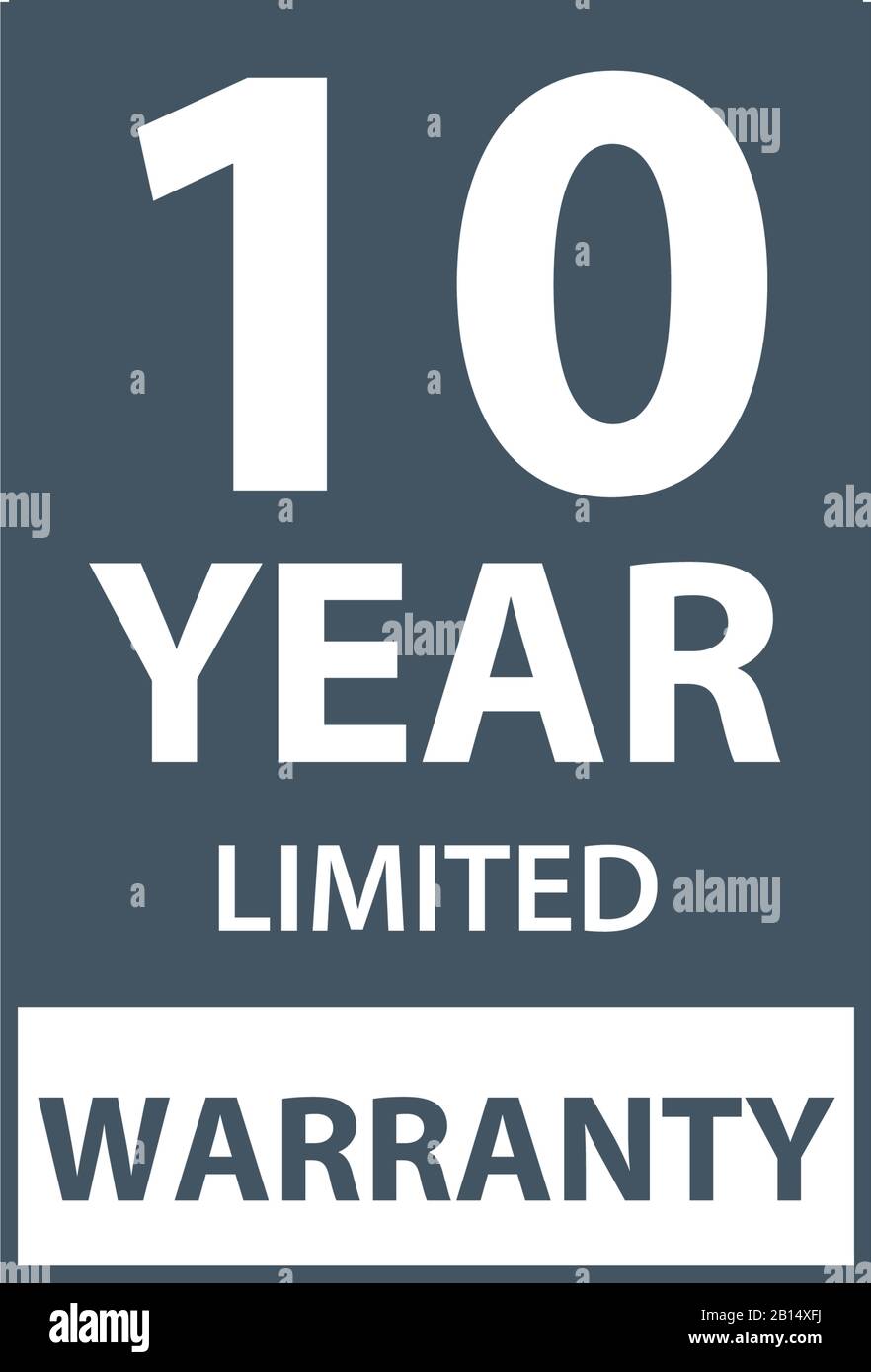 10 anni di garanzia limitata icona o etichetta, certificato per i clienti, timbro di garanzia o adesivo. illustrazione vettoriale isolata su sfondo bianco Illustrazione Vettoriale