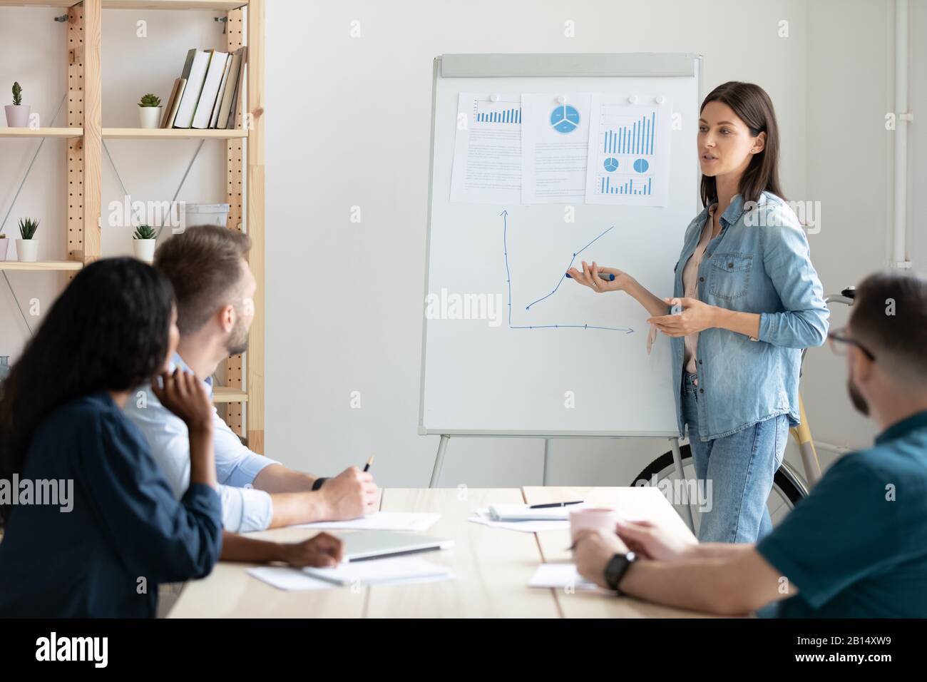 Specialista di marketing femminile specializzato che spiega i risultati della ricerca agli investitori. Foto Stock