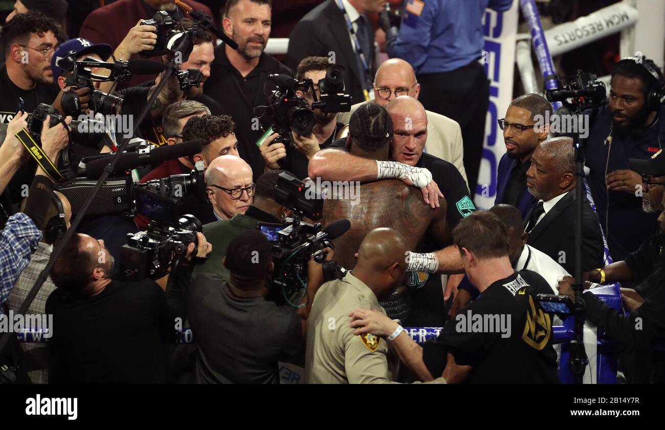 Tyson Fury e Deontay Wilder dopo il World Boxing Council World Heavy Title si sono dati alla MGM Grand di Las Vegas. Foto Stock