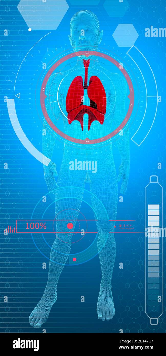 Controlli biometrici, Covid-19, analisi tecnologica e verifica di sintomi infettivi, problemi respiratori, coronavirus, rendering 3d. Display HUD. Foto Stock