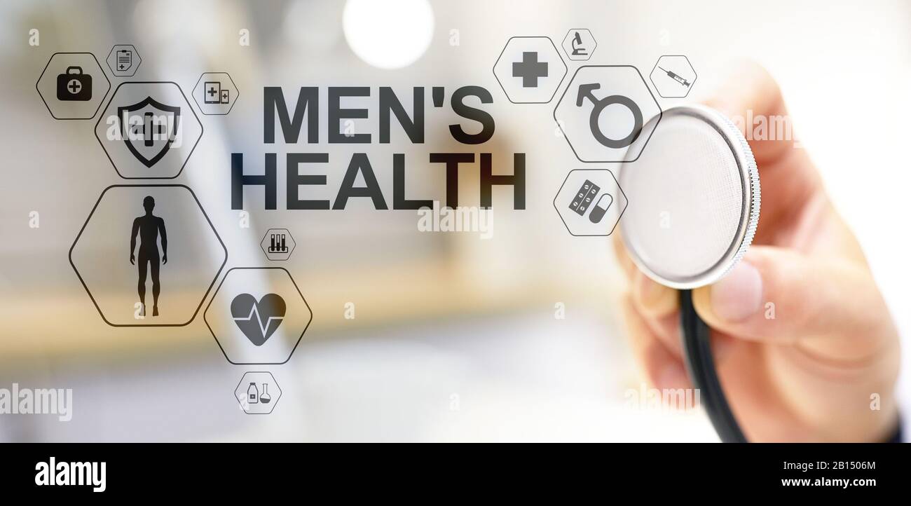 Mens Health banner, assistenza medica e sanitaria concetto sullo schermo. Medico con stetoscopio Foto Stock