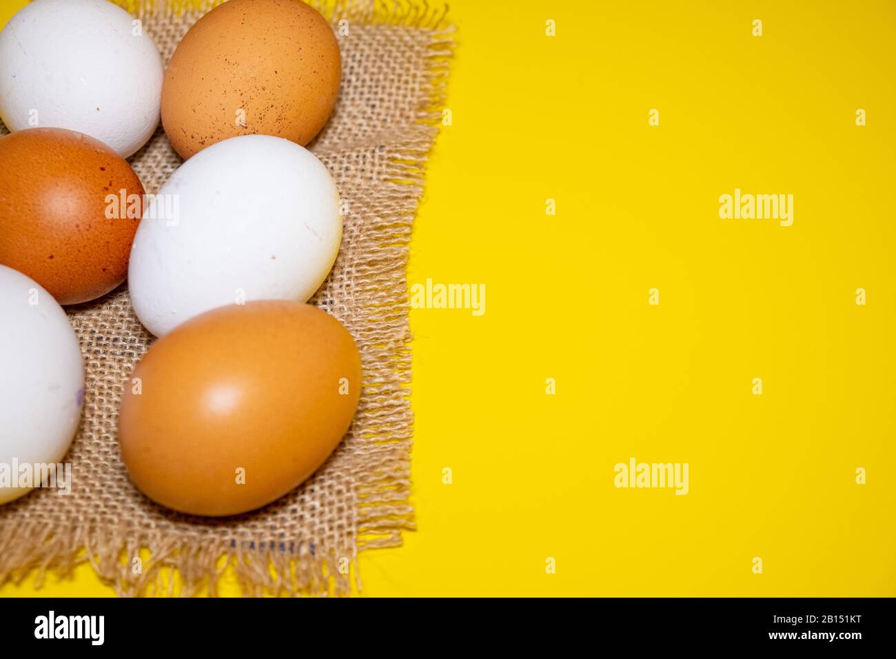 Uova di Pasqua bianche e marroni sfondo giallo brillante. Concetto felice Pasqua. Concetto di minimalismo. Vista dall'alto. Foto Stock