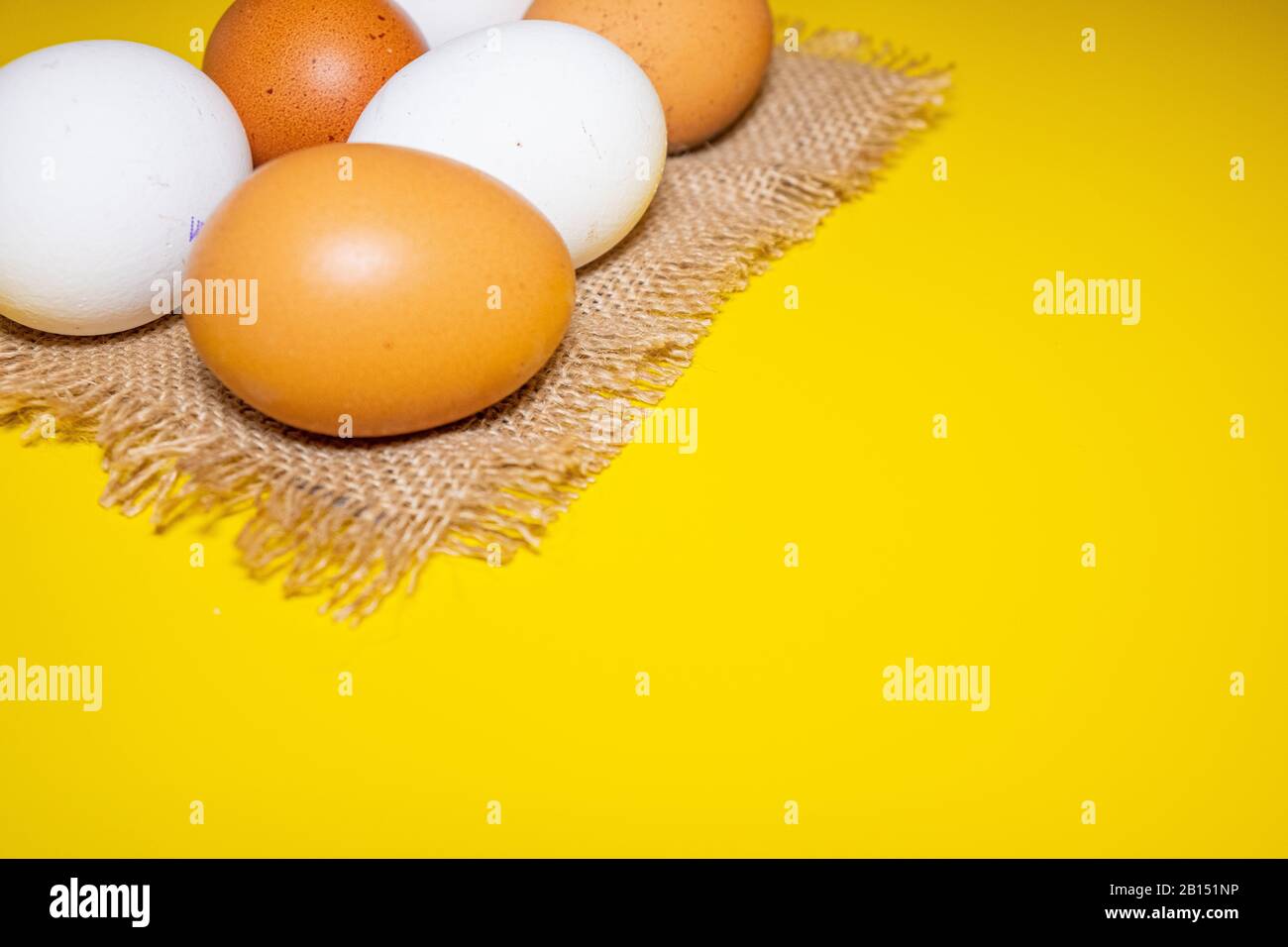 Uova di Pasqua bianche e marroni sfondo giallo brillante. Concetto felice Pasqua. Concetto di minimalismo. Vista dall'alto. Foto Stock