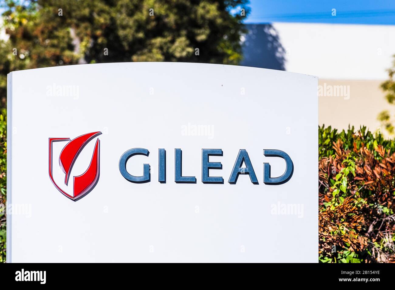 19 febbraio 2020 Foster City / CA / USA - Gilead firma presso la loro sede in Silicon Valley; Gilead Sciences, Inc. È una società americana di biotecnologia Foto Stock