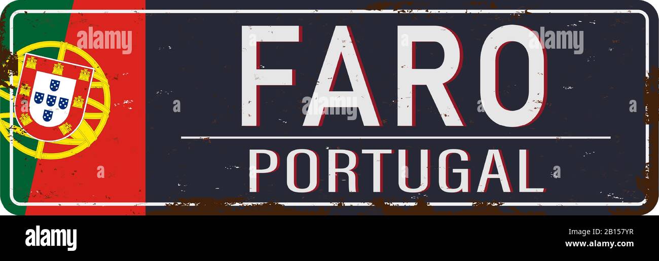 Cartello stradale in metallo rugginito con il nome della città di Faro dal Portogallo Illustrazione Vettoriale