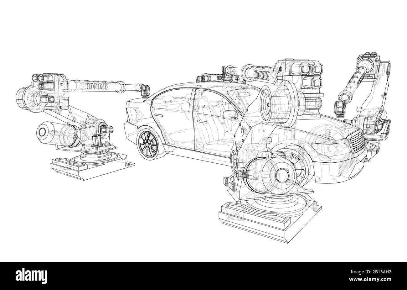 Montaggio dell'autoveicolo. L'apparecchiatura robotica fa l'assemblaggio dell'automobile. Stile BluePrint. Rendering vettoriale dal modello 3D Illustrazione Vettoriale