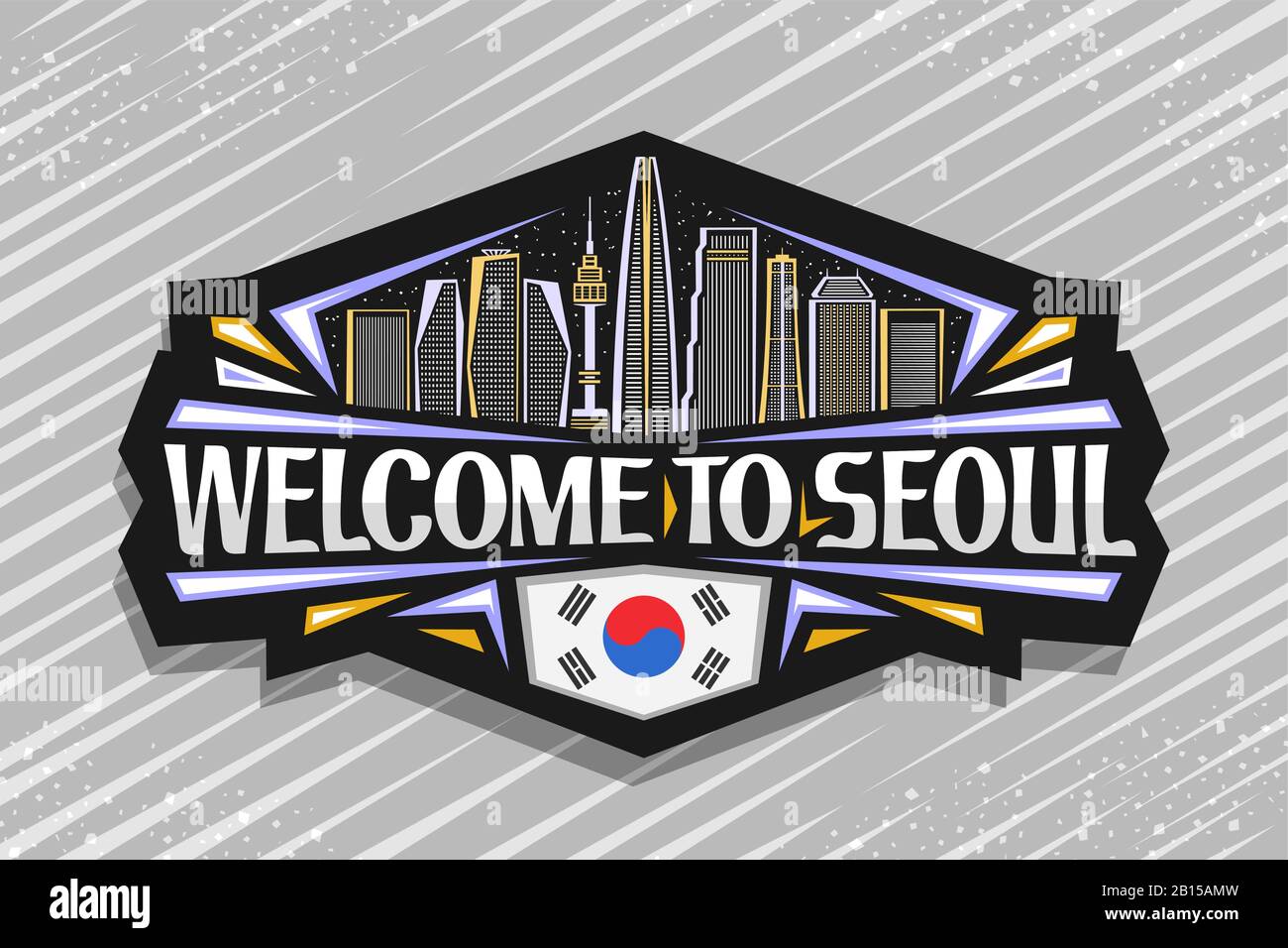 Logo vettoriale per Seoul, cartello decorativo nero con illustrazione della linea del moderno paesaggio urbano di seoul sullo sfondo del cielo serale, design magnete del frigorifero w Illustrazione Vettoriale