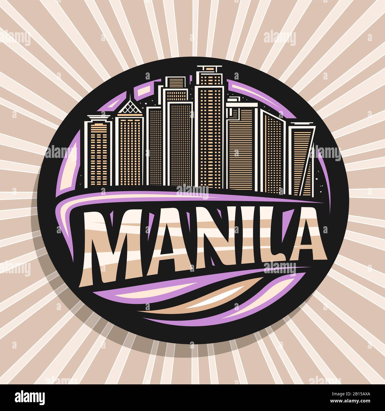 Logo vettoriale per Manila, adesivo decorativo nero rotondo con illustrazione del paesaggio urbano contemporaneo di manila sullo sfondo del cielo, design turistico f Illustrazione Vettoriale