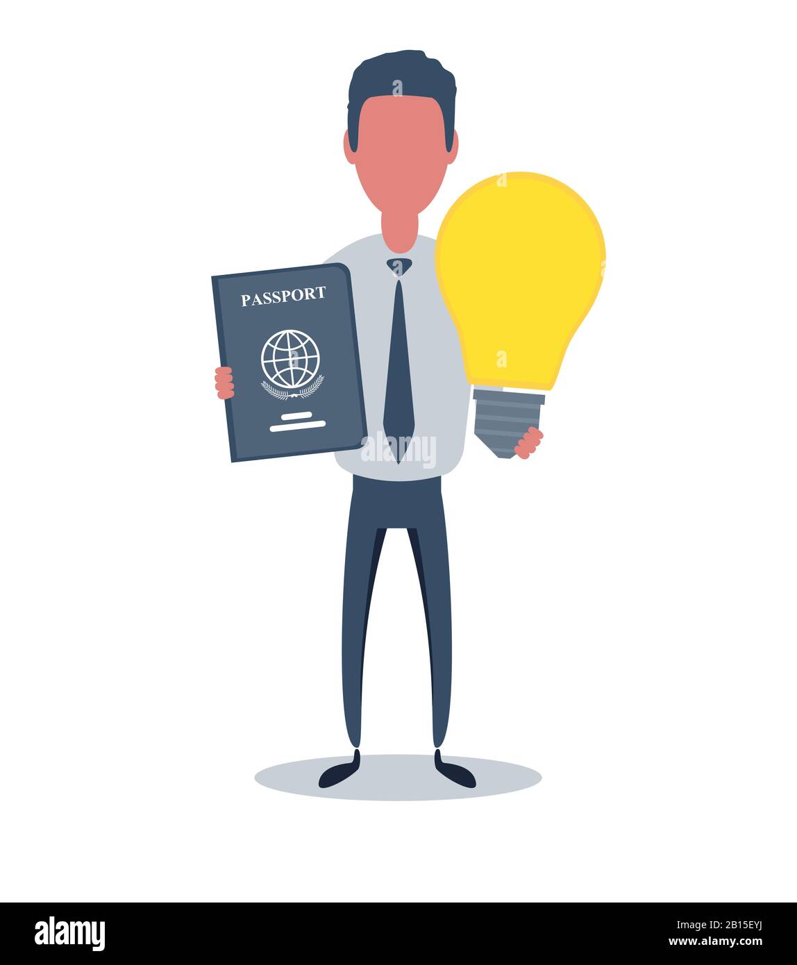 Uomo d'affari o impiegato. Personaggio maschile in stile semplice alla moda con oggetti, illustrazione vettoriale piatta. Illustrazione Vettoriale