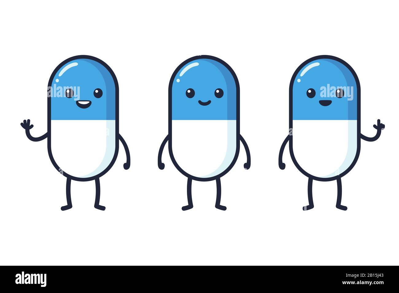 Carino set di personaggi cartoon, pillola medicina farmacia mascotte. Sorridendo, ondeggiante e indicando la pillola con il divertente viso kawaii. Illustrazione grafica della clip vettoriale. Illustrazione Vettoriale