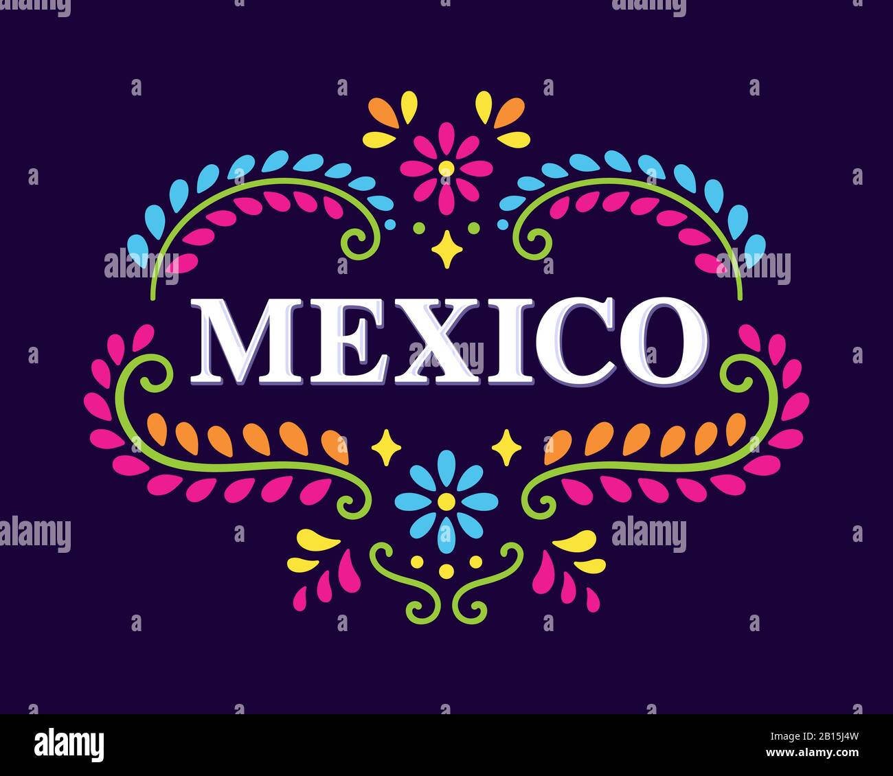 Texte sur Mexico con splendidi ornamenti floreali di tradizionali ricami messicani. Banner colorato di design etnico, illustrazione vettoriale. Illustrazione Vettoriale