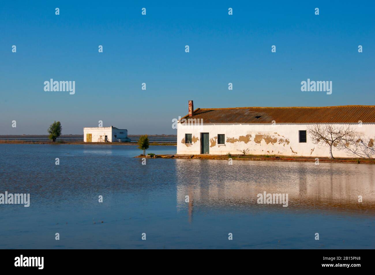 Una grande e una piccola vecchia casa bianca sui campi di riso. Acqua blu, cielo blu Foto Stock