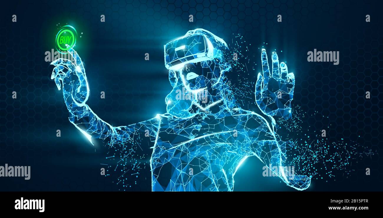 Shopping online in VR. Donna poligonale, ragazza che indossa occhiali ...