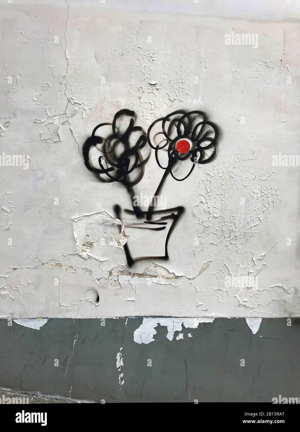 Due fiori neri con cerchio rosso al centro dipinto sulla parete bianca fessurata con bordo grigio, graffiti. Foto Stock