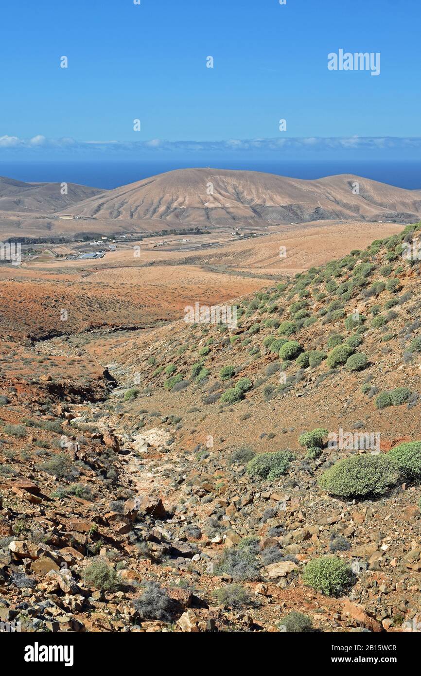 Paesaggio montano di Fuerteventura, Spagna. Alto punto panoramico che guarda verso la valle verso le montagne vulcaniche con l'Oceano Atlantico all'orizzonte. Cielo blu. Foto Stock