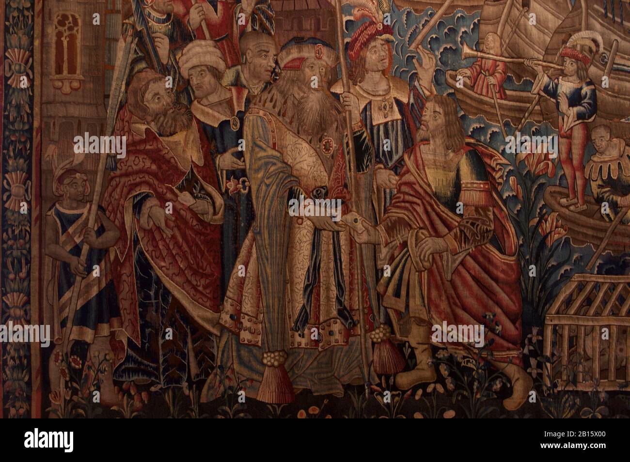 Particolare dell'arazzo della scoperta dell'India di Vasco de Gama, realizzato a Tournai (1504-1520) in mostra nel Museo Nazionale di Arte Antica di Lisbona, Foto Stock