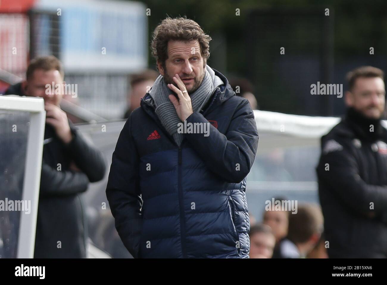 Londra, Regno Unito. 23rd Feb, 2020. Joe Montemurro, direttore dell'Arsenal Women durante la partita della fa Cup tra l'Arsenal e Lewes Ladies al Meadow Park, Borehamwood, domenica 23rd febbraio 2020. (Credit: Jacques Feeney | MI News & Sport) La Fotografia può essere utilizzata solo per scopi editoriali di giornali e/o riviste, licenza richiesta per uso commerciale Credit: Mi News & Sport /Alamy Live News Foto Stock