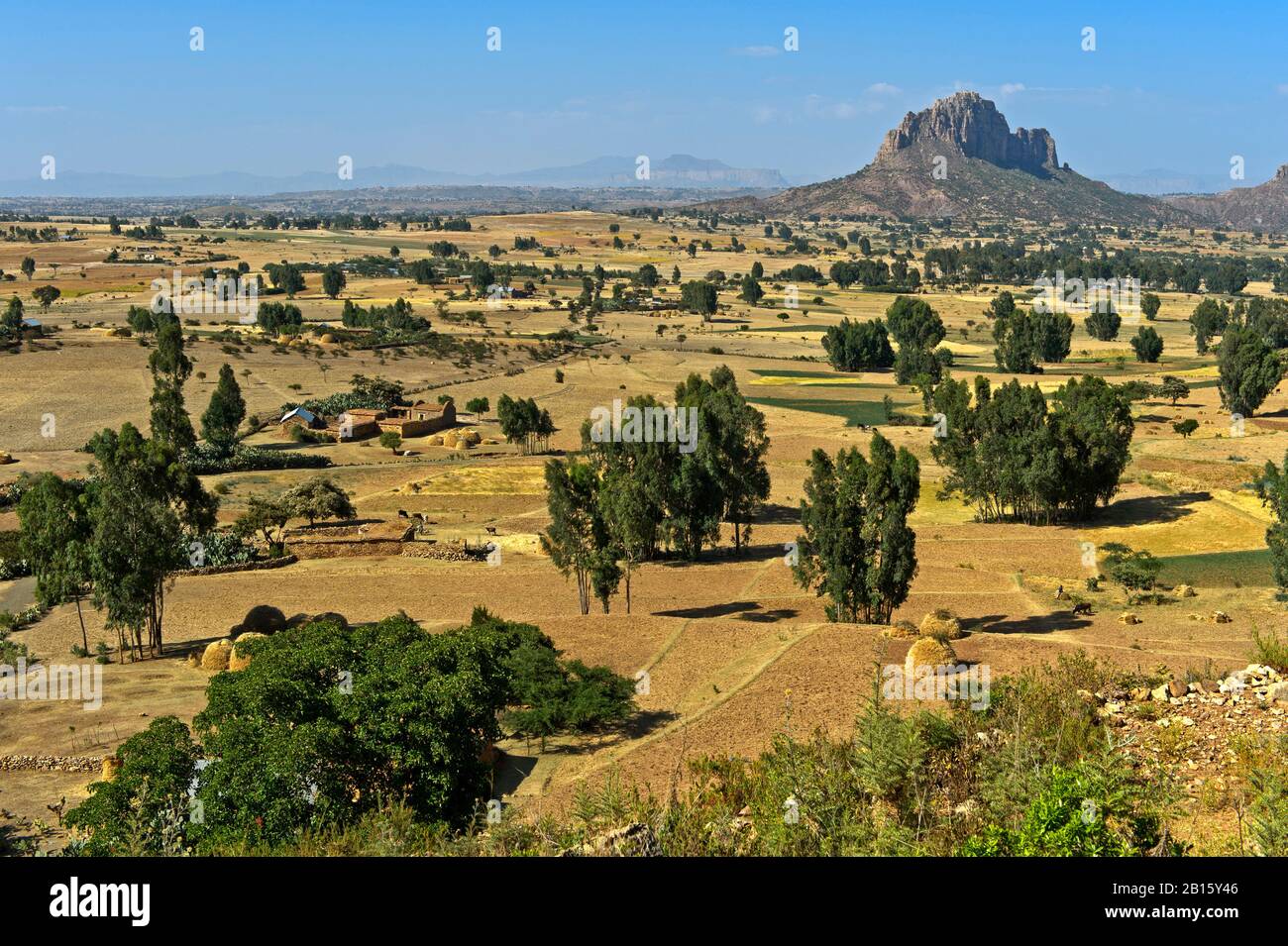 Paesaggio con montagna erosa a cima piatta, Amba, nelle Highlands etiopi, Tigray, Etiopia Foto Stock