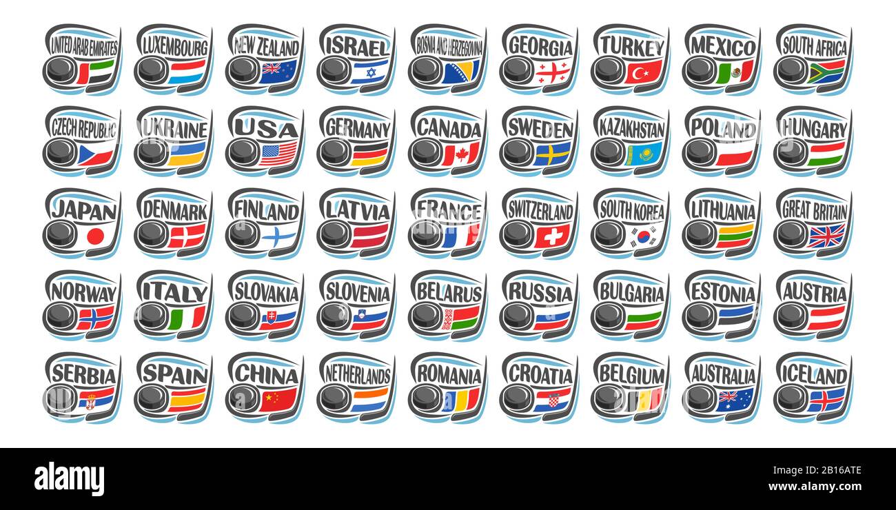 Set vettoriale di icone di hockey su ghiaccio con illustrazione di bandiere nazionali, disco di hockey e bastone, collezione di 45 canta sportive per ghiaccio europeo e americano Illustrazione Vettoriale