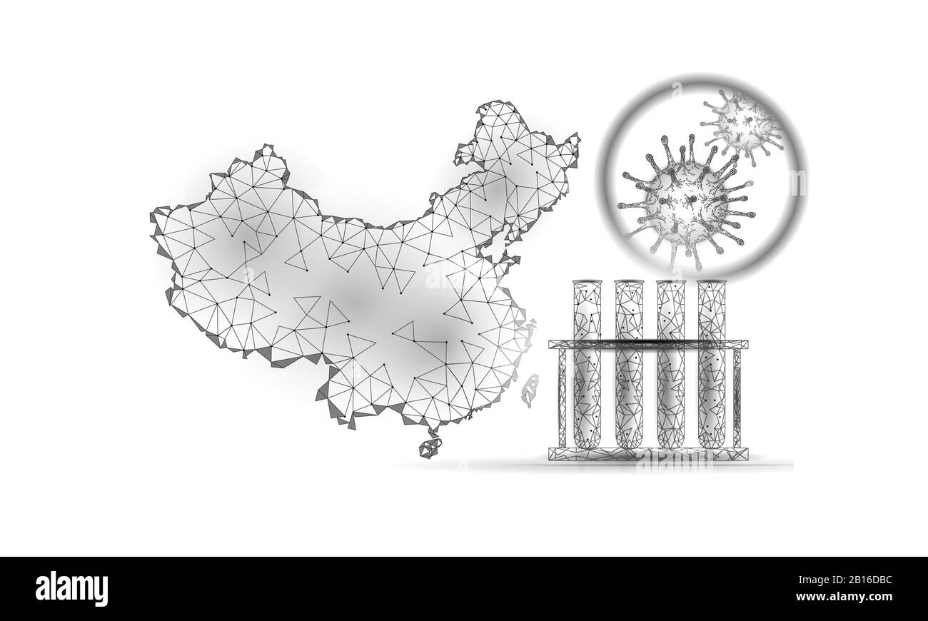 Cina Repubblica paese 3D mappa. Infezione polmonite coronavirus analisi. Design internazionale PRC silhouette bianca. Azienda contro l'epidemia di virus Illustrazione Vettoriale