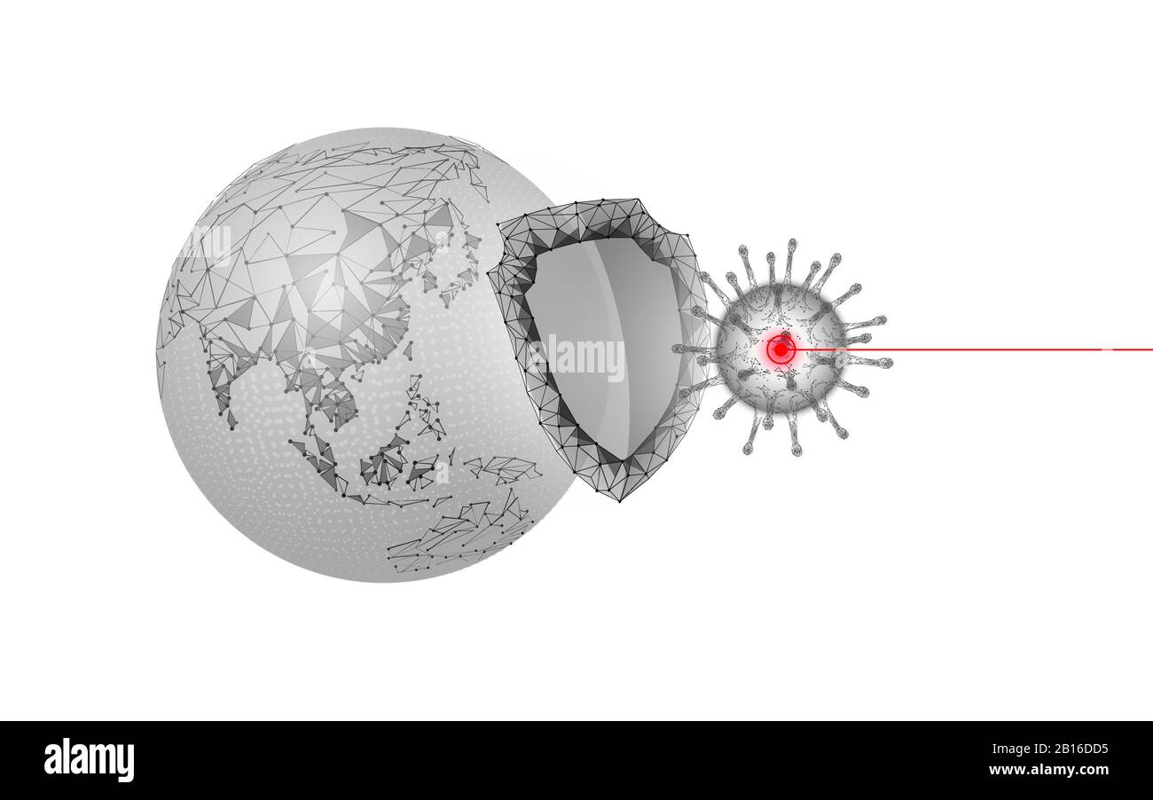 Pianeta Terra Pandemia Cina. Salute sicurezza polmonite trattamento scudo coronavirus. Asia continente virus protezione vaccino sviluppo vettore di ricerca Illustrazione Vettoriale
