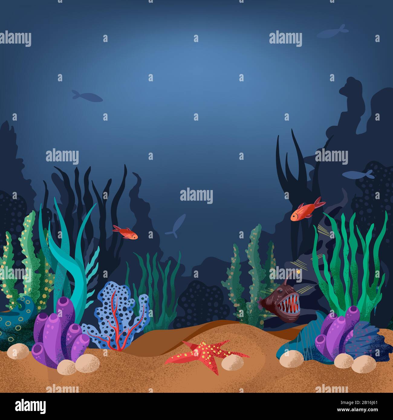 Illustrazione vettoriale del fondale marino con pesci e piante marine. Illustrazione Vettoriale
