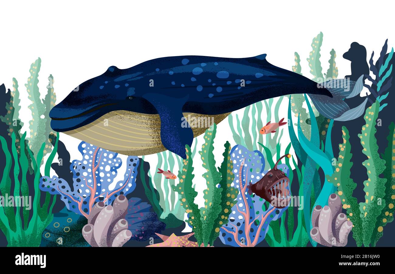 Illustrazione vettoriale del fondale marino con balena, pesce e piante marine. Illustrazione Vettoriale