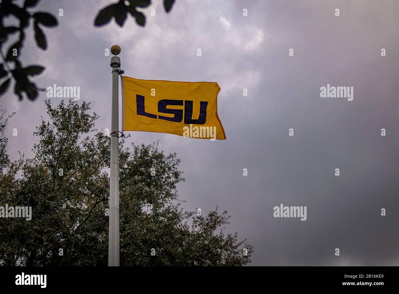 Baton Rouge, Louisiana - 10 febbraio 2020: Louisiana state University (LSU) bandiera gialla e viola Foto Stock
