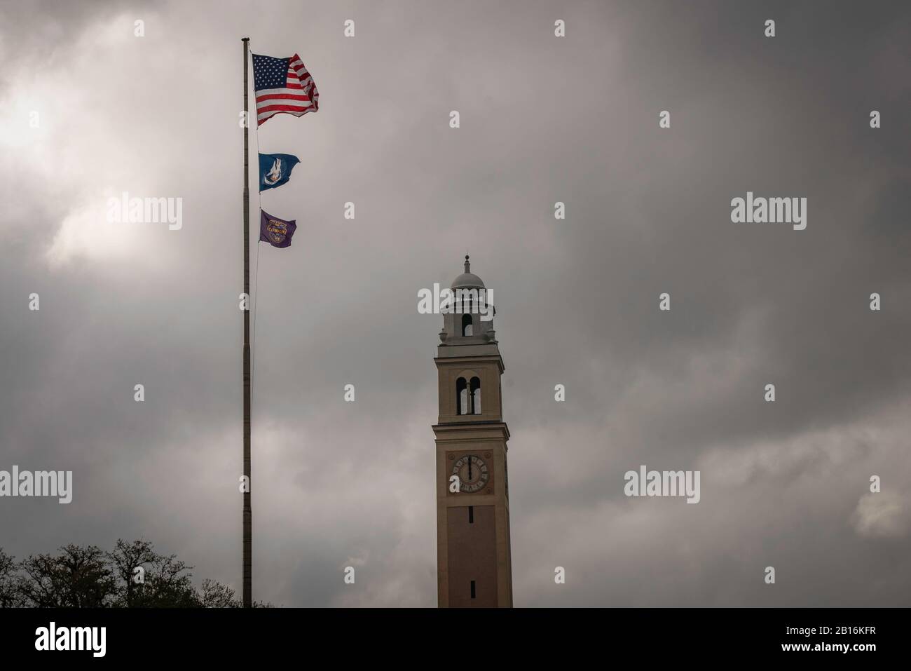 Baton Rouge, Louisiana - 10 febbraio 2020: Bandiere della Louisiana state University (LSU) nel campus Foto Stock