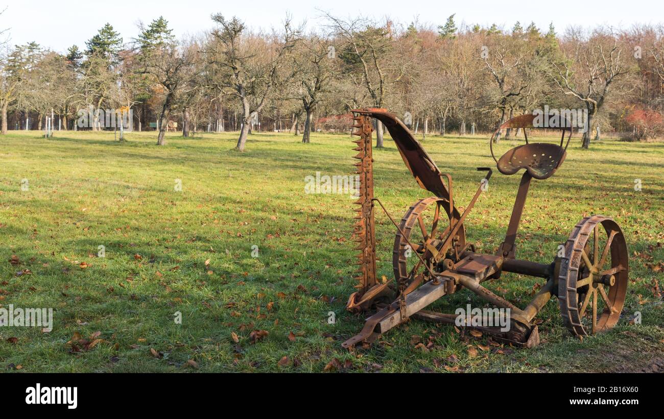 Un vecchio tosaerba arrugginito su un prato verde Foto Stock