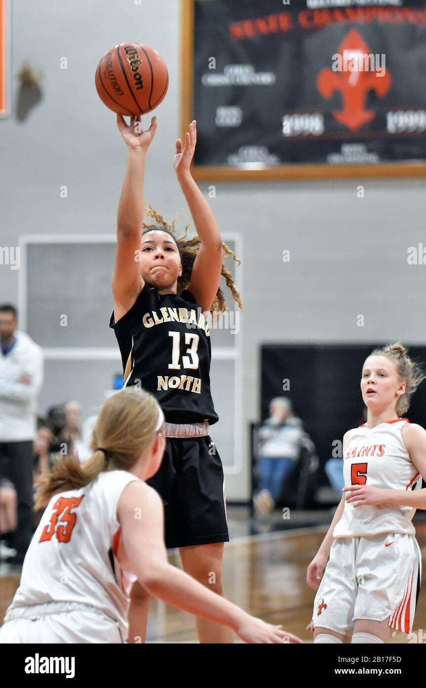 Il giocatore che tira verso l'alto da un'unità per scattare un colpo di salto dall'alto della vernice. STATI UNITI. Foto Stock